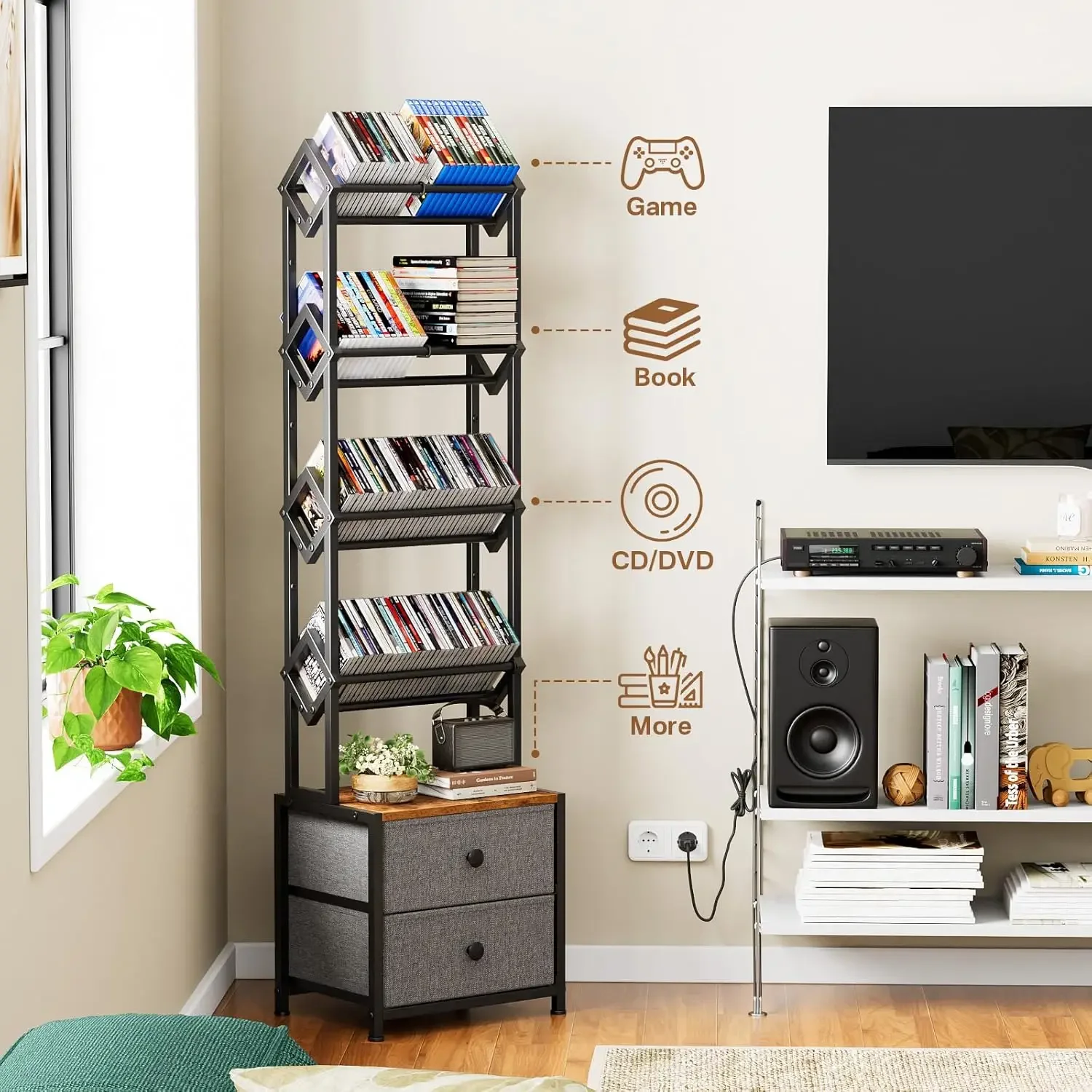 CD Storage Rack with Drawers,  - Bookshelf 5 Tier recension och pris
